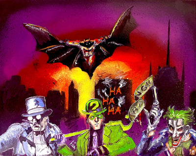 Batman Attacks! canvas print with Batman, Joker, Riddler, and Penguin in vibrant colors against a dark spray-painted background.
