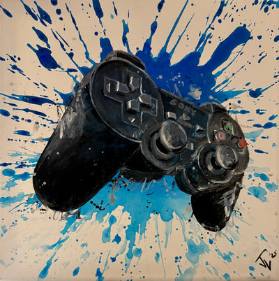 PS2 Controller splatter painting on blue gradient canvas.