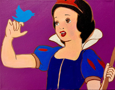 Snow White parody holding a blue Twitter bird on vibrant purple background canvas print.