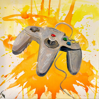 N64 controller splatter canvas print with vibrant orange and yellow background.