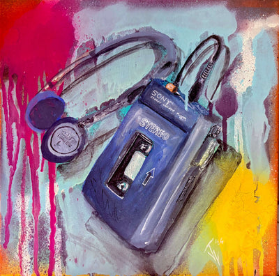 Hand Painted 12x12 Walkman Pop Art with vibrant colors and retro design.