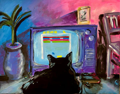 Cat playing vintage Atari game on retro TV, colorful room ambiance.