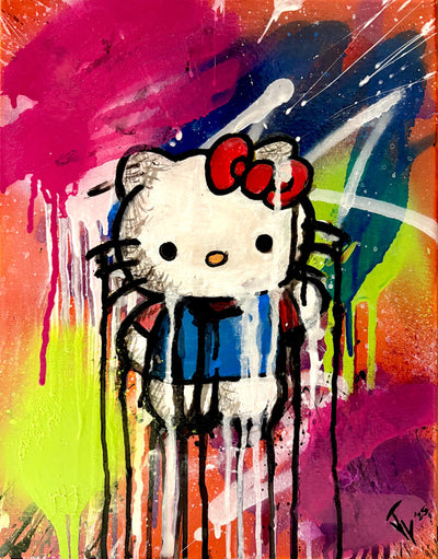 Hello Kitty drip art canvas print with colorful spray-painted background.
