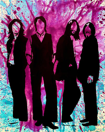The Beatles Splatter Canvas Prints with pink and blue splatter over silhouettes.