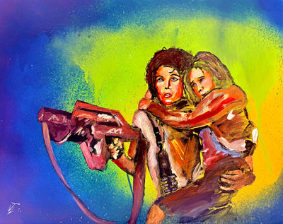 Hand painted 16x20 inch artwork of Ripley holding Newt from Aliens, vibrant colors, spray and acrylic paint.