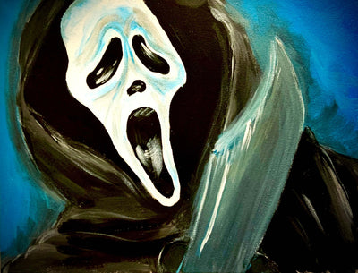 Ghostface painting with hood and knife.