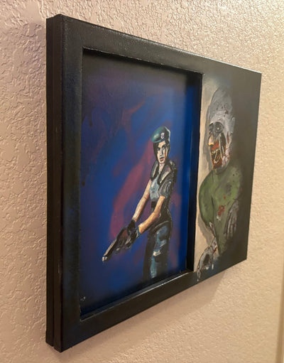 Hand painted Resident Evil art featuring Jill Valentine and a zombie, two-tiered design with physical depth.