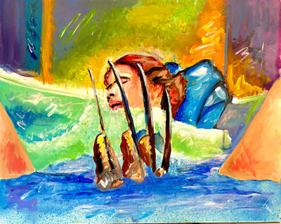 Hand painted Freddy Kruger and Nancy in vibrant colors in bathtub scene from Nightmare on Elm Street.
