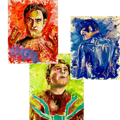 Colorful abstract Spider-Men art set featuring Tobey Maguire, Andrew Garfield, and Tom Holland.