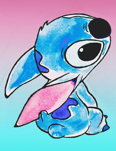 Stitch canvas print with pink and blue hues.