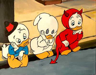 Huey, Dewey and Louey in Halloween costumes sitting on a curb.