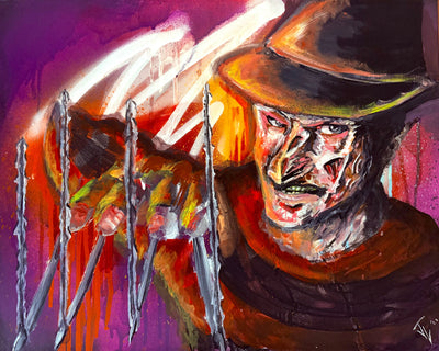 Hand painted Freddy Kruger with 3D claw effect tearing through canvas.
