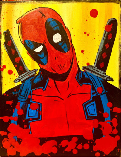 Deadpool Head Cocked Canvas Print with blood splatter design.