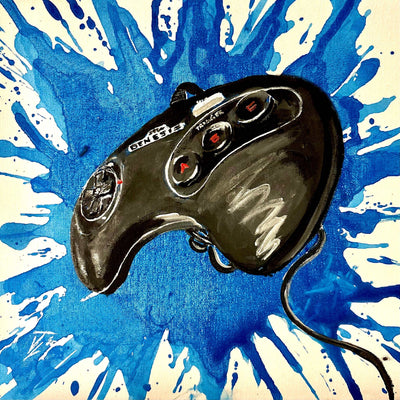 Sega Genesis Controller splatter canvas print with blue background.