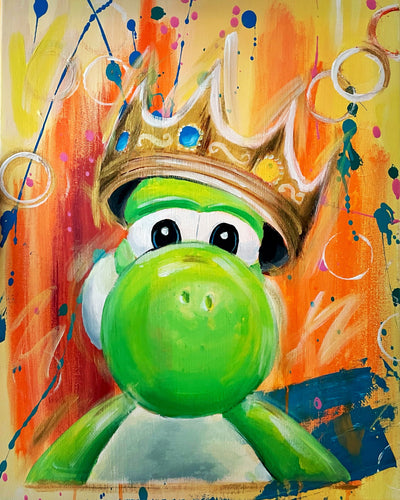 Yoshi Biggie Parody canvas print with crown, available in green, pink, and purple colors.