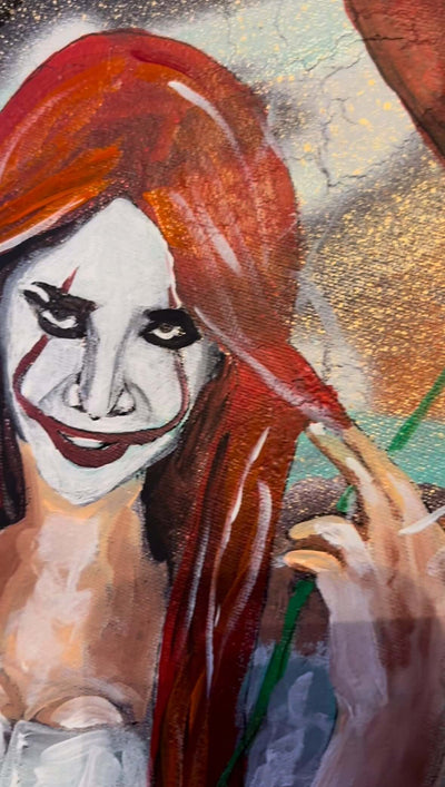 11x14 hand painted artwork of girl cosplaying as Pennywise.