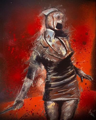 16x20 hand painted horror art of Silent Hill nurse with bloody knife.