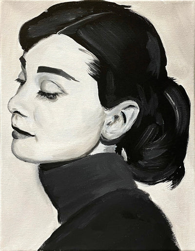 Black and white acrylic painting of Audrey Hepburn on canvas.