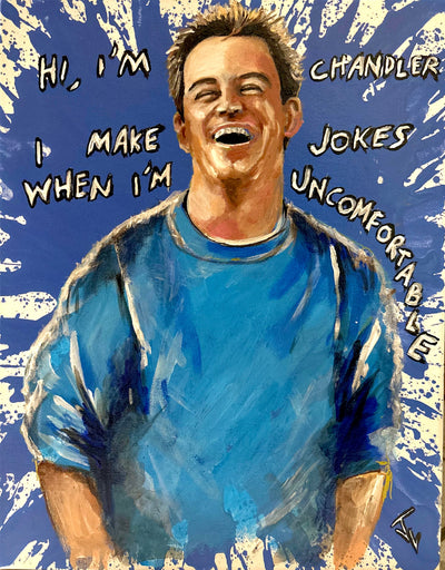Chandler Bing Making Joker splatter canvas print featuring humor and iconic quote.