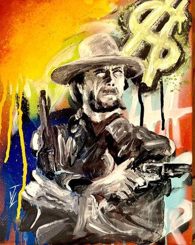 Clint Eastwood artwork with dollar sign background.
