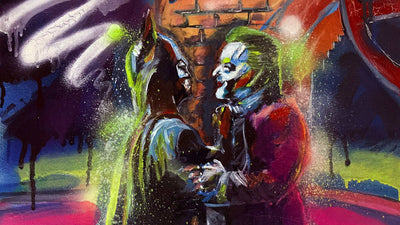 Batman ‘89 vs the Joker canvas print featuring spray paint artwork of iconic bell tower scene.