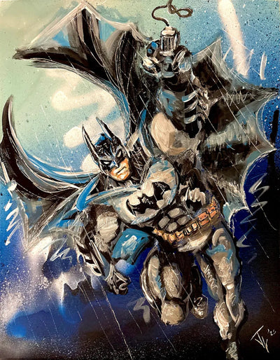 Batman grappling in the rain canvas print with dynamic blue and gray tones.