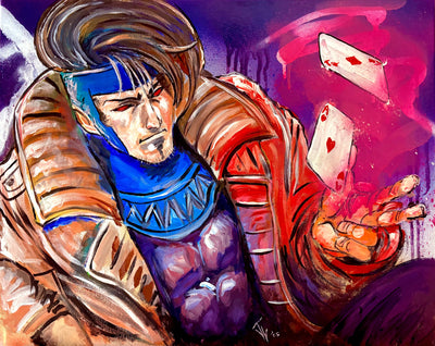 Gambit Winning Hand canvas print featuring vibrant spray and acrylic paint with a dynamic Cajun character.