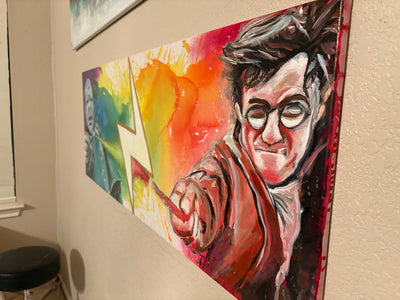 Hand painted Harry Potter defeating Voldemort in vibrant artwork, 1.5x4 feet painting.